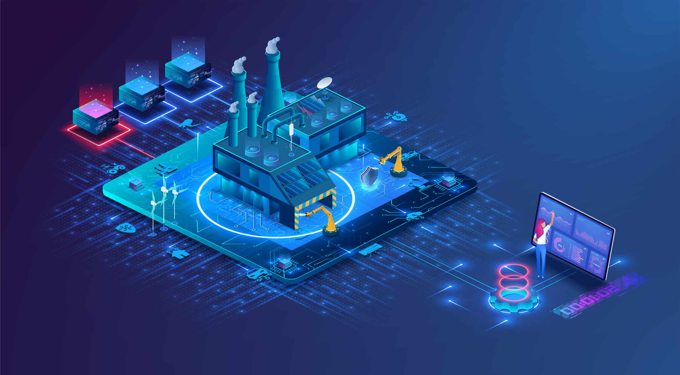 digital-control-technology in the manufacturing industry optimization of maintenance facilities. Modern isometric smart factory manufacturing facilities. Isometric vector illustration, banner.