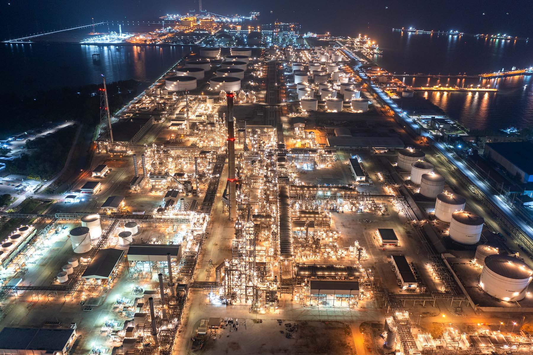nighttime-aerial-view-of-oil-refinery
